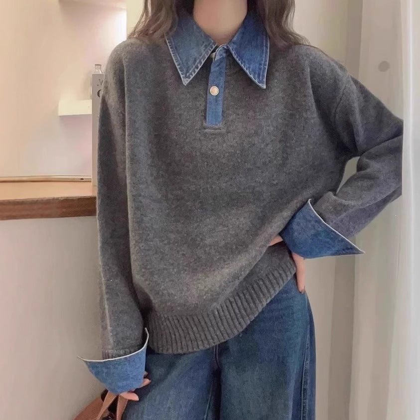 Color blocked denim patchwork polo collar long sleeved sweater for women