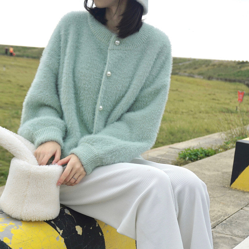 Faux Mink Knit Cardigan for Women, Loose Fit, Soft and Cozy Sweater Coat