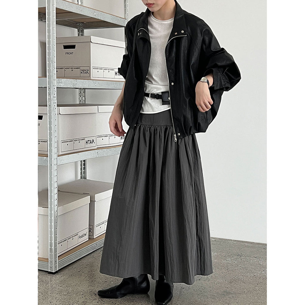High-Waisted Cotton-Polyester Pleated Midi Skirt for Women, Solid Color Puffy A-Line Elegant Long Skirt