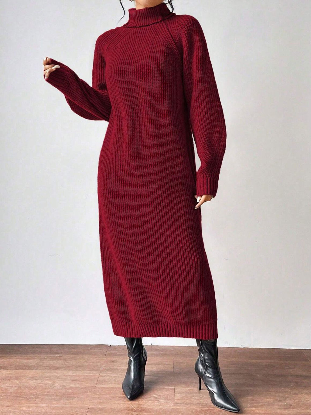 Fashionable Knit Dress for Women, Long Sleeve, High Neck, Crewneck, Solid Color, Long Length, Inner Layer Dress