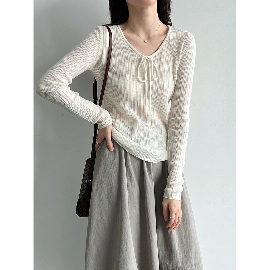 Charming Wool Knotted Bow Knit Sweater for Women, Autumn Simple Slim Fit Soft Basic Pullover