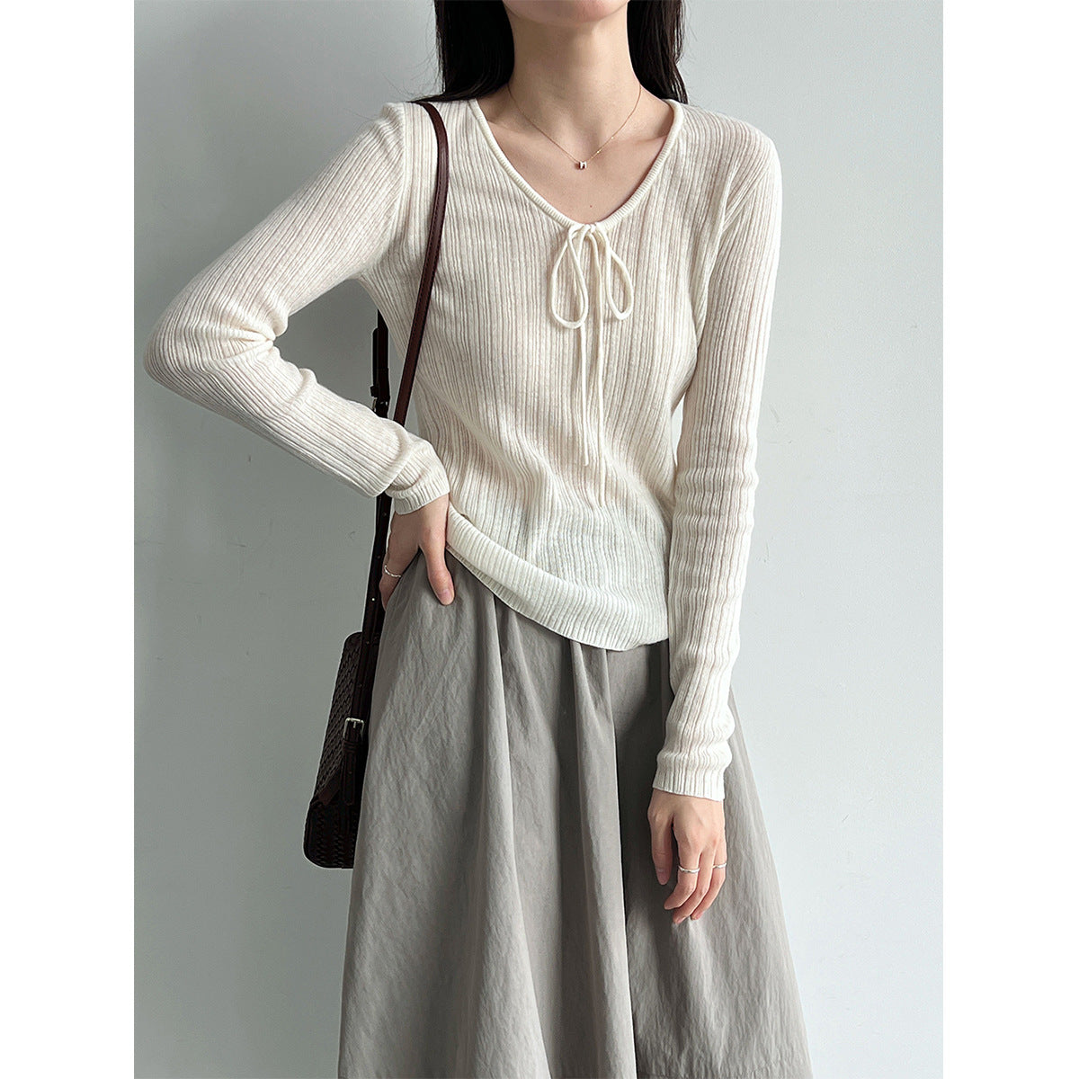 Charming Wool Knotted Bow Knit Sweater for Women, Autumn Simple Slim Fit Soft Basic Pullover