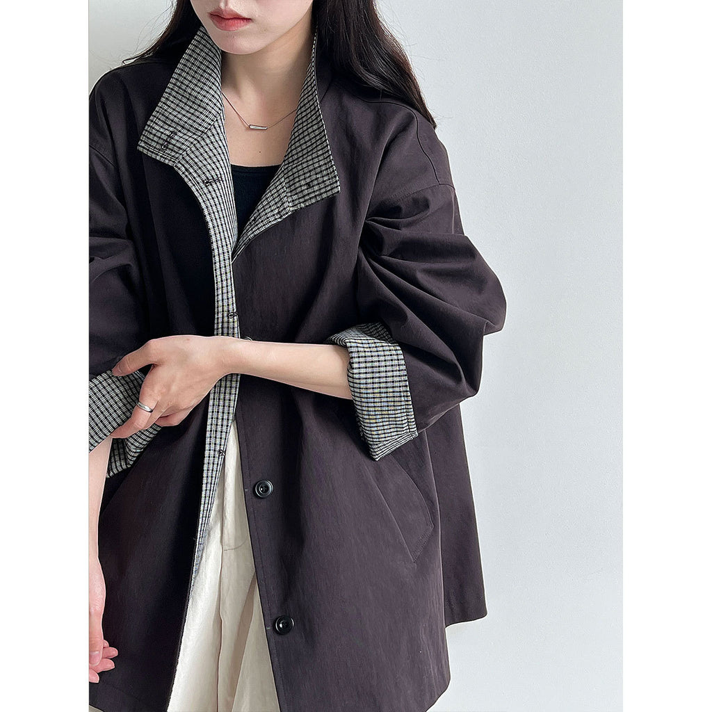 Plaid Patchwork Stand Collar British Style Mid-Length Trench Coat for Women Loose Oversized Outerwear