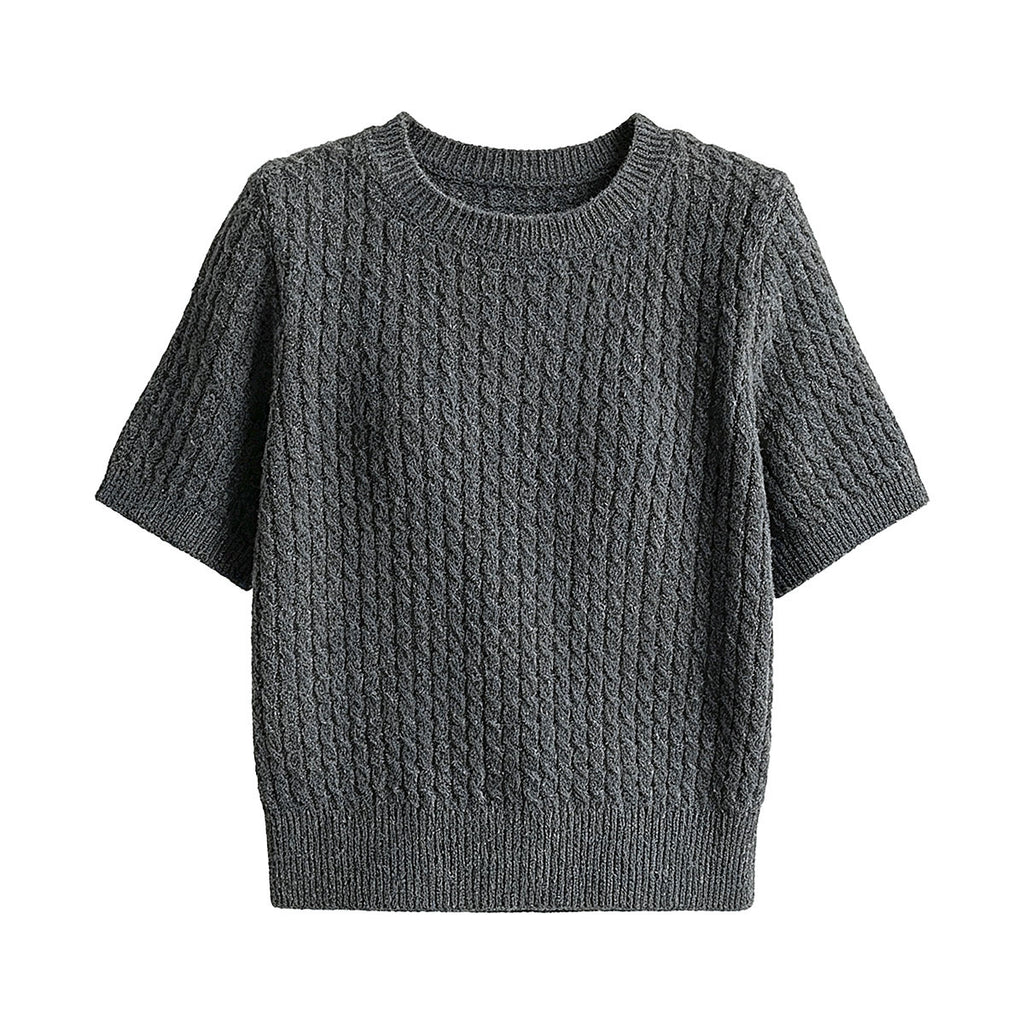 Cable Knit Short Sleeve Wool Round Neck T-Shirt for Women Slim Fit Top