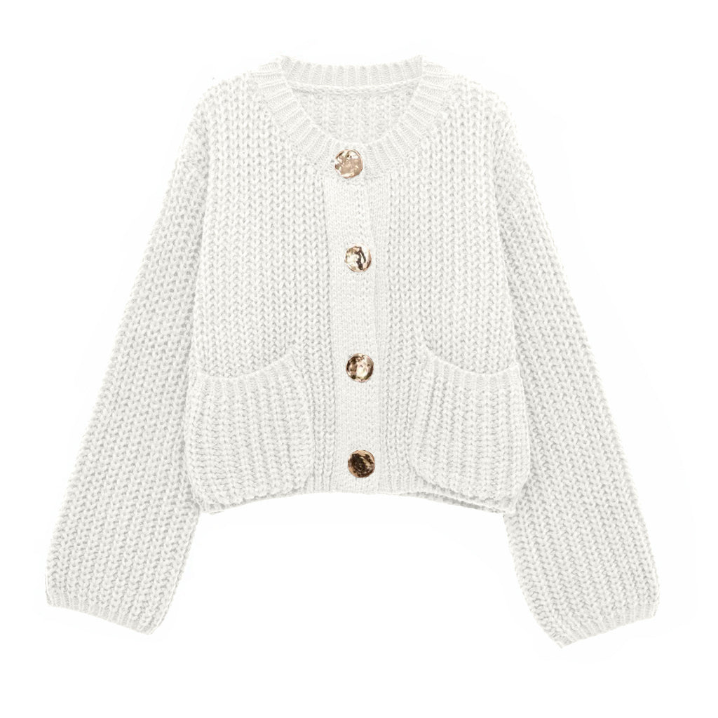Women's Plain Color Round Neck Knit Cardigan Coat, Loose Casual Long Sleeve Sweater Top