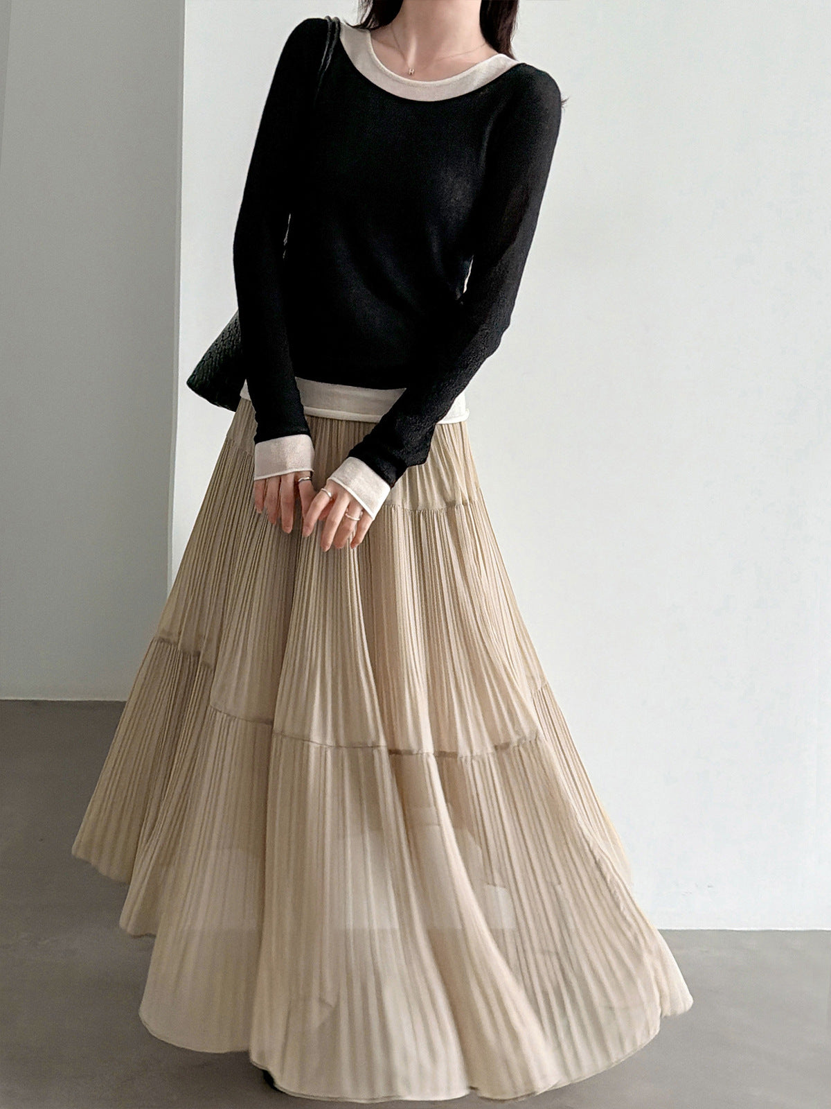 Soft Pleated Midi Skirt High Waist A-Line Tulle Layered Cake Skirt