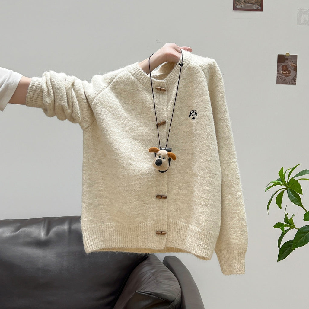 Soft Style Round Neck Horn Button Knitted Cardigan Women Loose Soft Versatile Sweater Coat