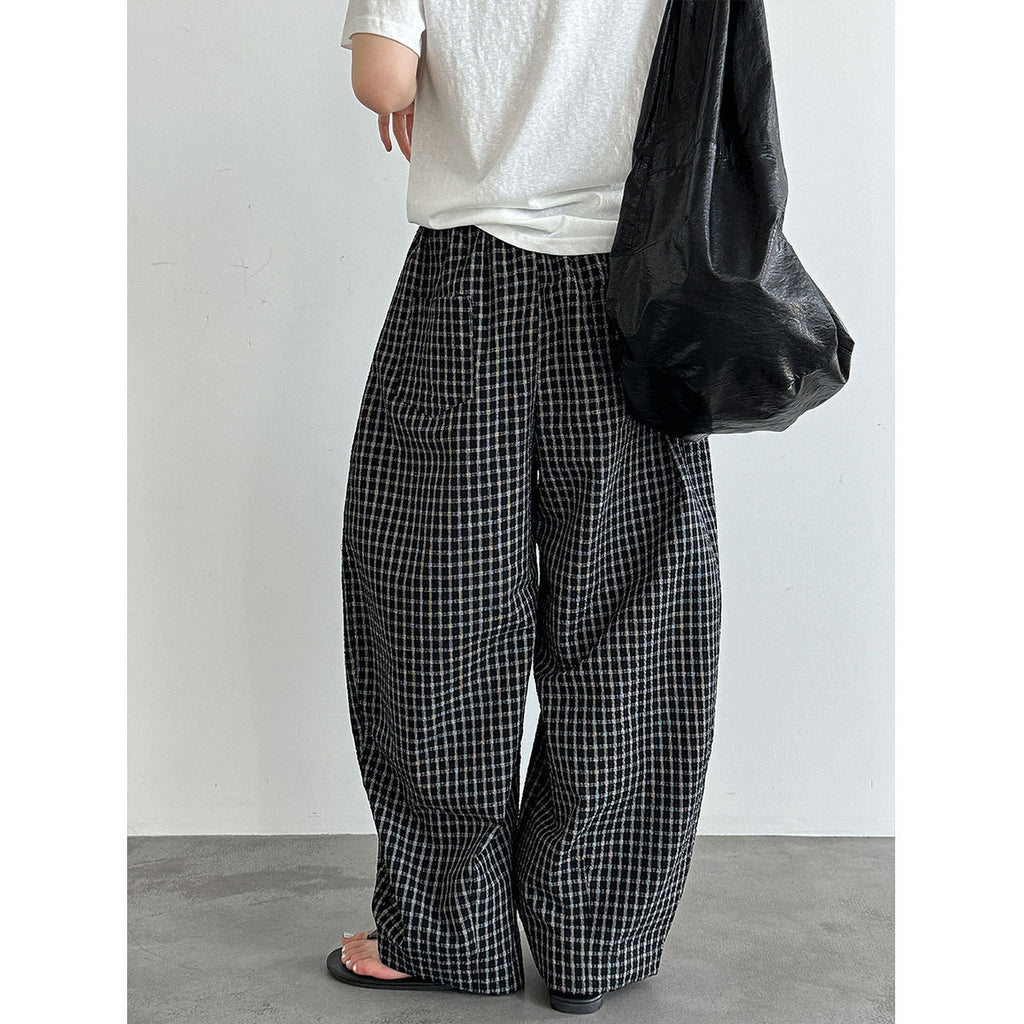 Retro Color-Blocked Checkered Balloon Pants for Women, High Waist Loose Casual Wide Leg Pants