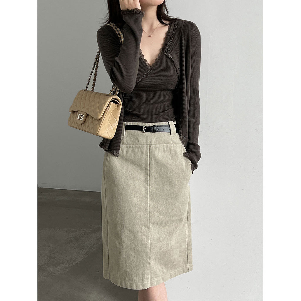 Lace Trim Knit Two-Piece Set for Women, V-Neck Crop Top + Elegant Fitted Cardigan