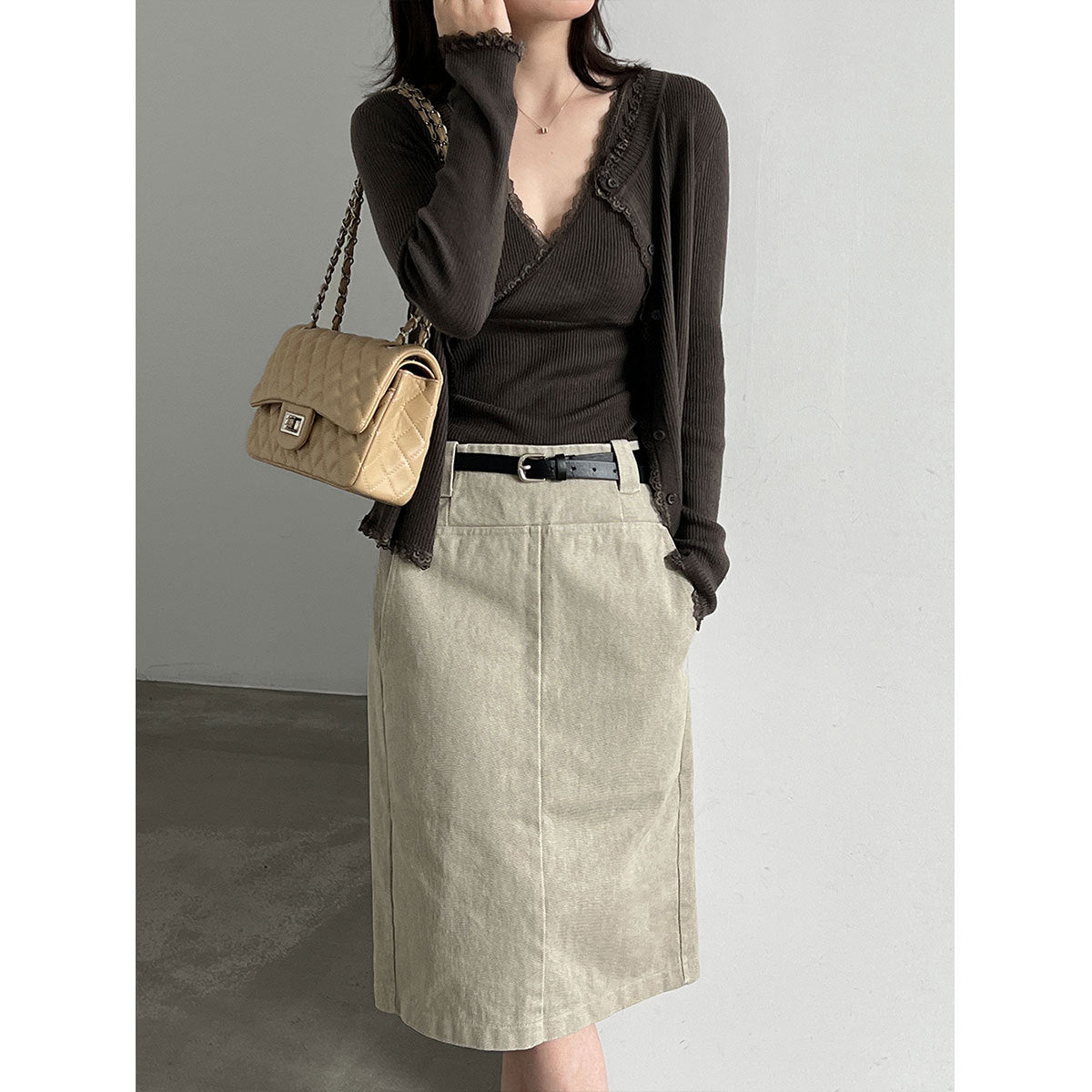 Lace Trim Knit Two-Piece Set for Women, V-Neck Crop Top + Elegant Fitted Cardigan