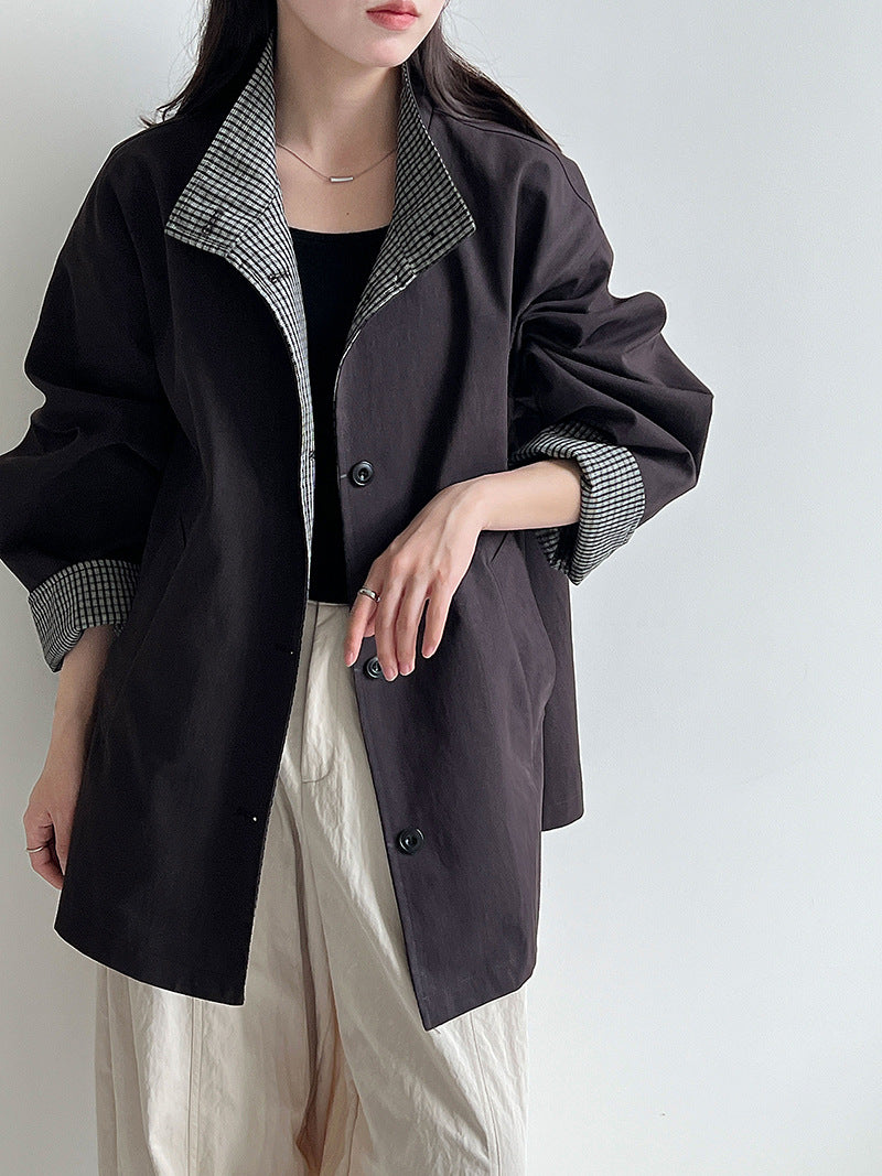 Plaid Patchwork Stand Collar British Style Mid-Length Trench Coat for Women Loose Oversized Outerwear