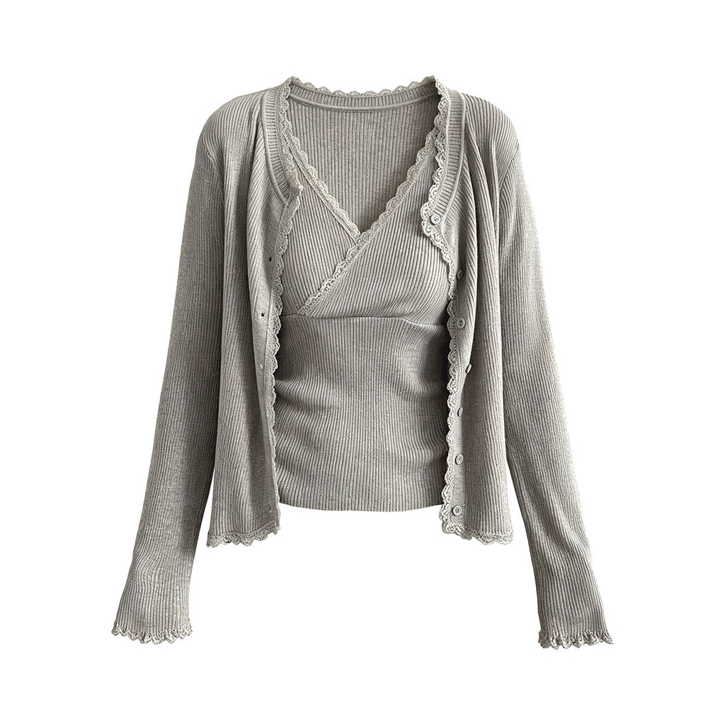 Lace Trim Knit Two-Piece Set for Women, V-Neck Crop Top + Elegant Fitted Cardigan