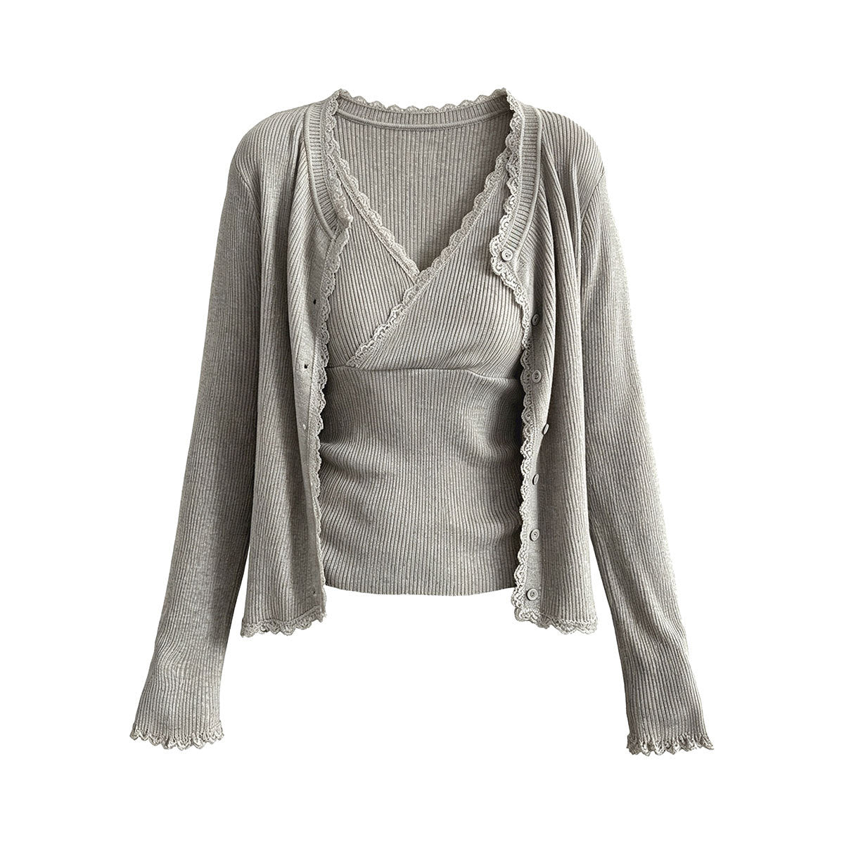 Lace Trim Knit Two-Piece Set for Women, V-Neck Crop Top + Elegant Fitted Cardigan
