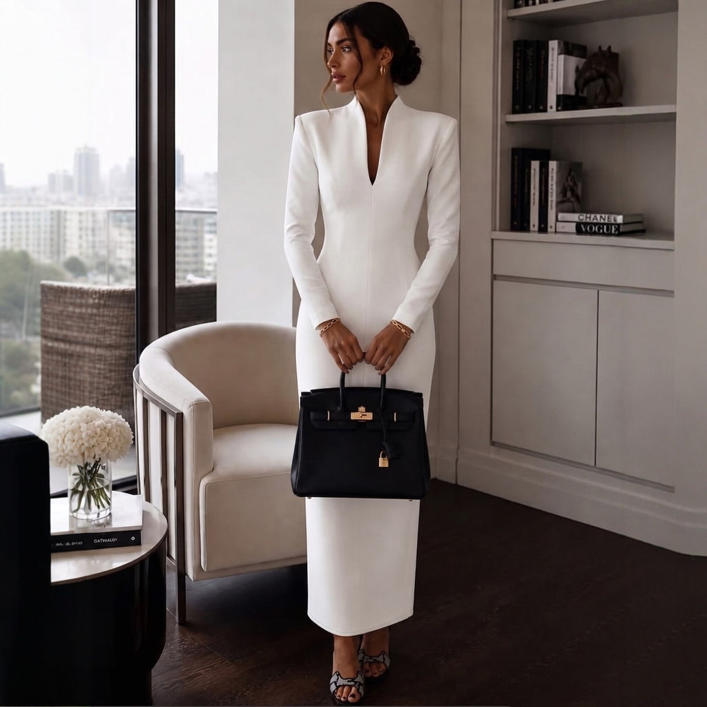 Stand-up Collar V-Neck Long Sleeve Fitted Bodycon Dress Evening Gown Luxury