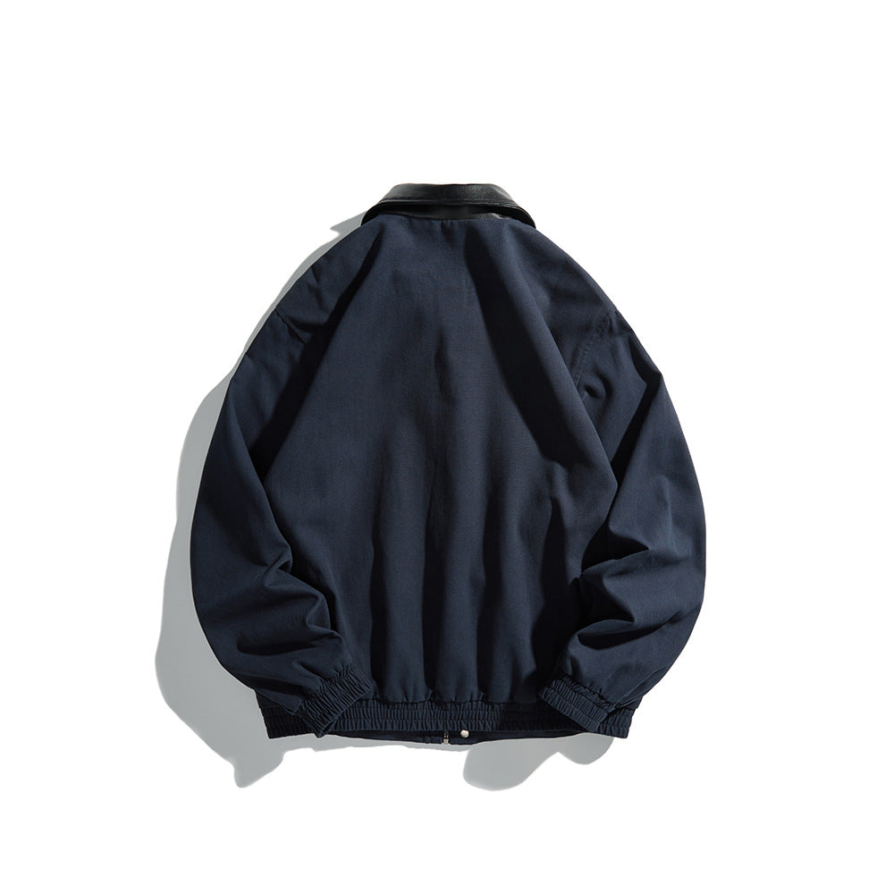 Melange PU Leather Lapel Jacket with Patchwork Workwear Button-Up Coat for Men