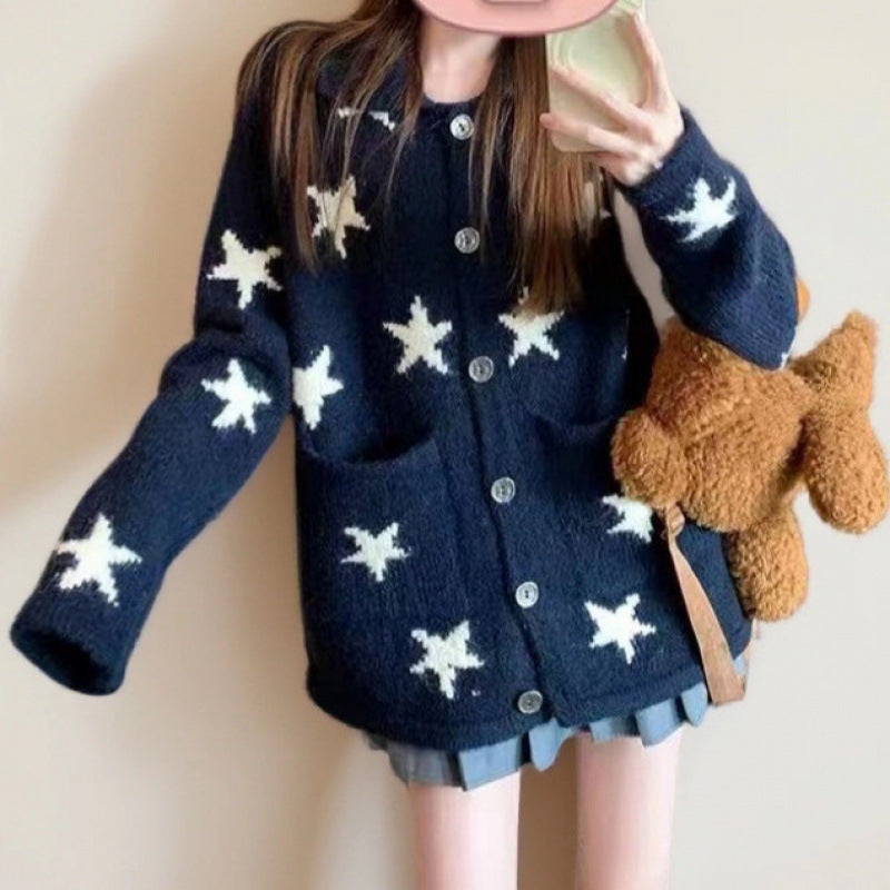 Knit Cardigan with Pocket for Women, Soft and Loose Sweater with Star Jacquard Pattern