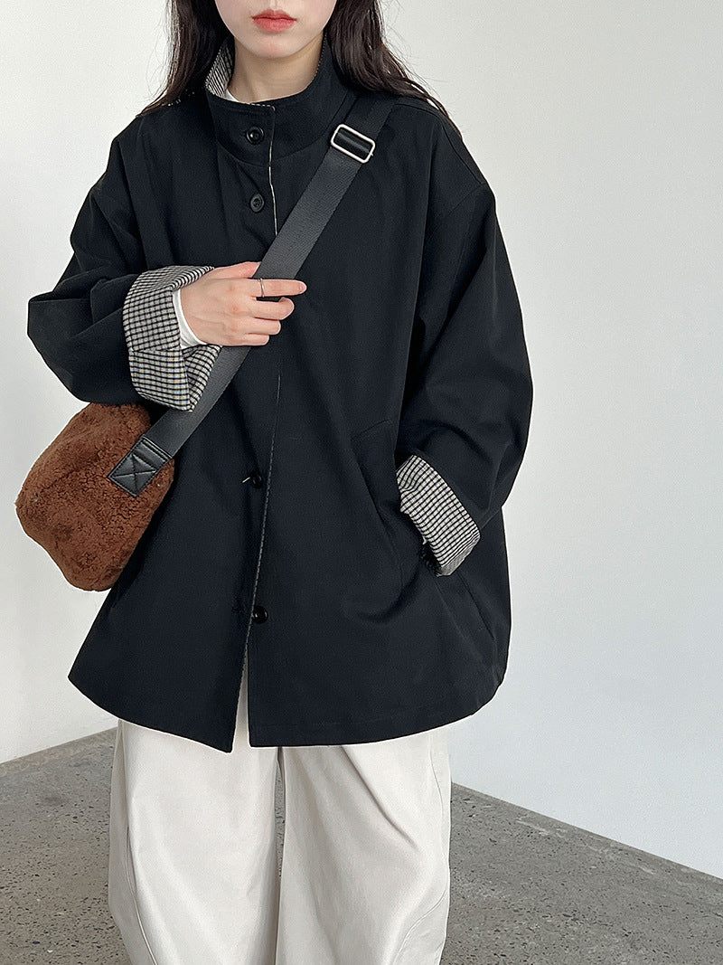Plaid Patchwork Stand Collar British Style Mid-Length Trench Coat for Women Loose Oversized Outerwear