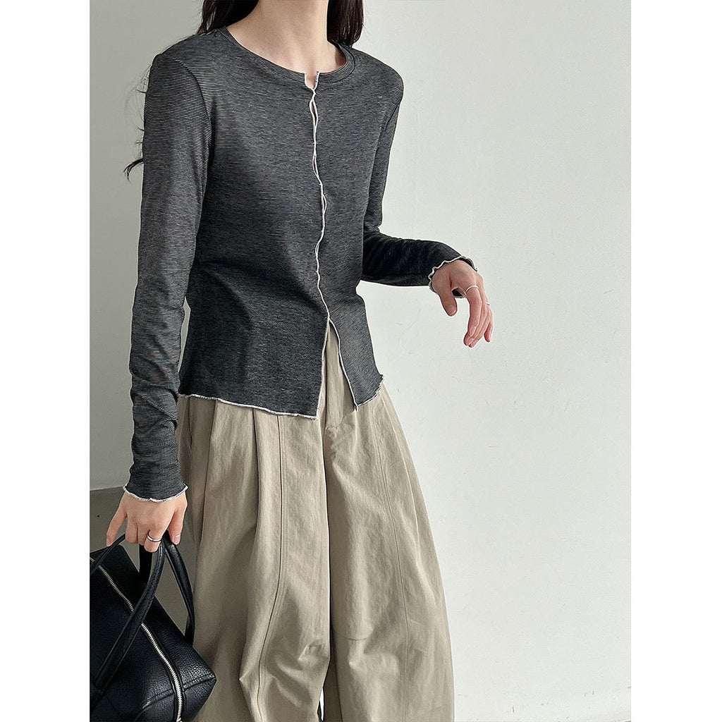 Color-Blocking Stripe Round Neck Long Sleeve Top for Women Hollow-Out T-Shirt Innerwear