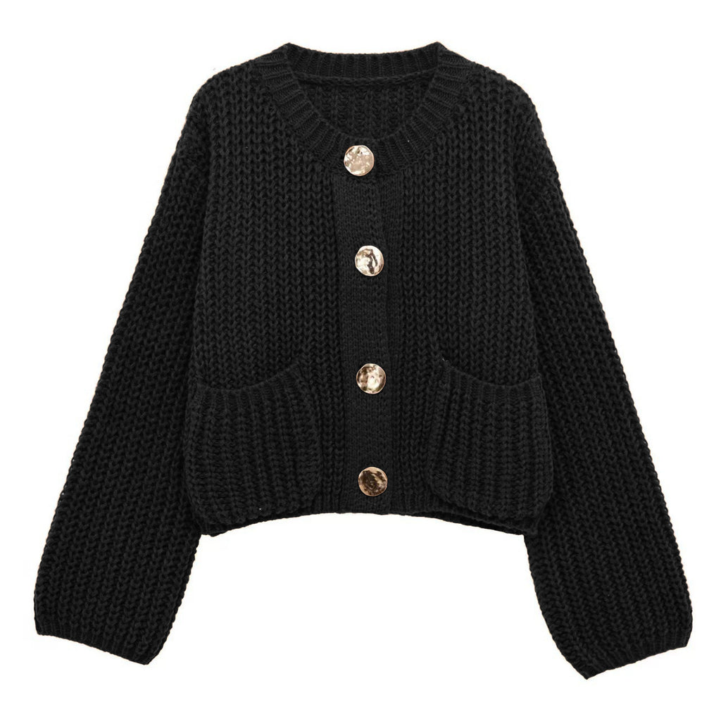 Women's Plain Color Round Neck Knit Cardigan Coat, Loose Casual Long Sleeve Sweater Top