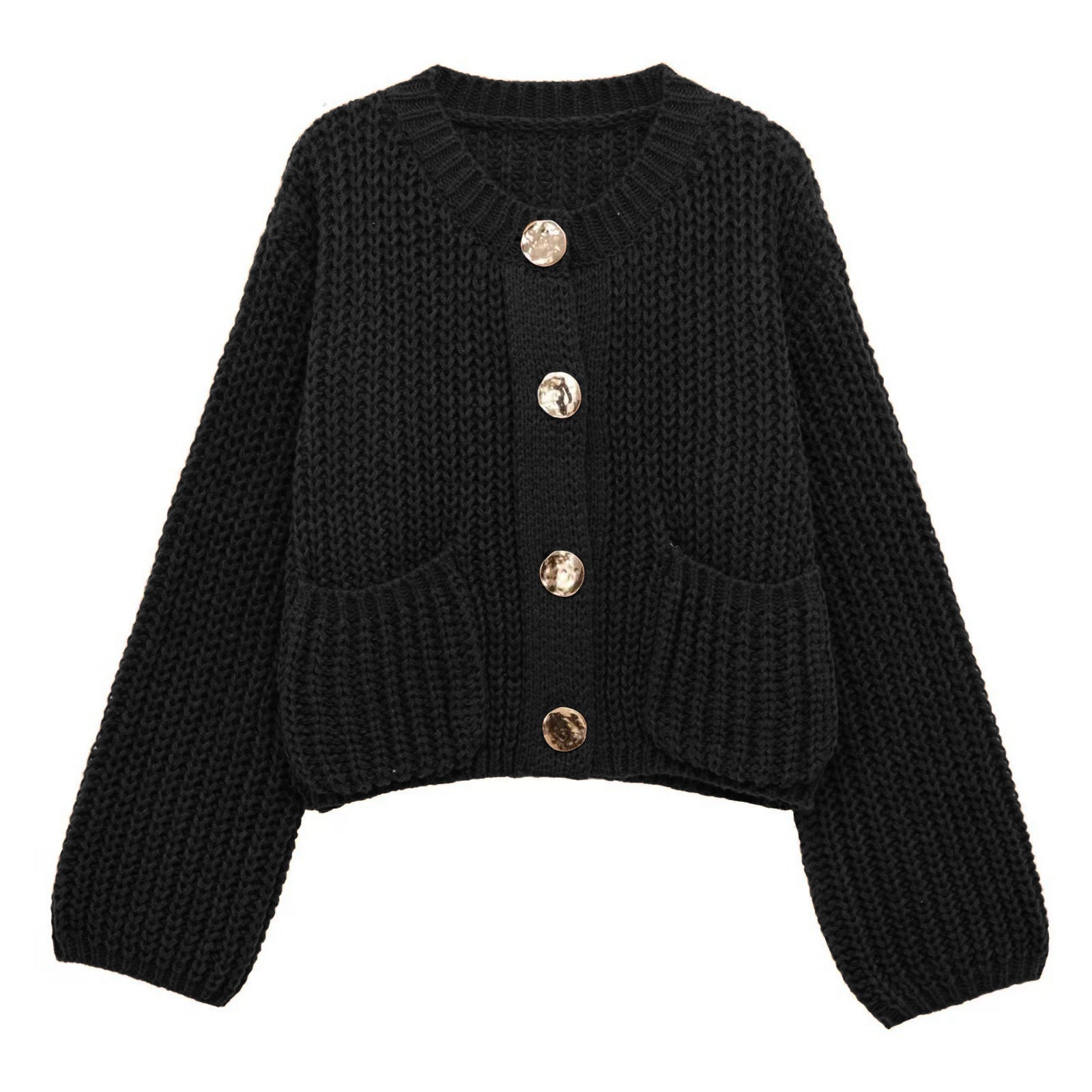 Women's Plain Color Round Neck Knit Cardigan Coat, Loose Casual Long Sleeve Sweater Top