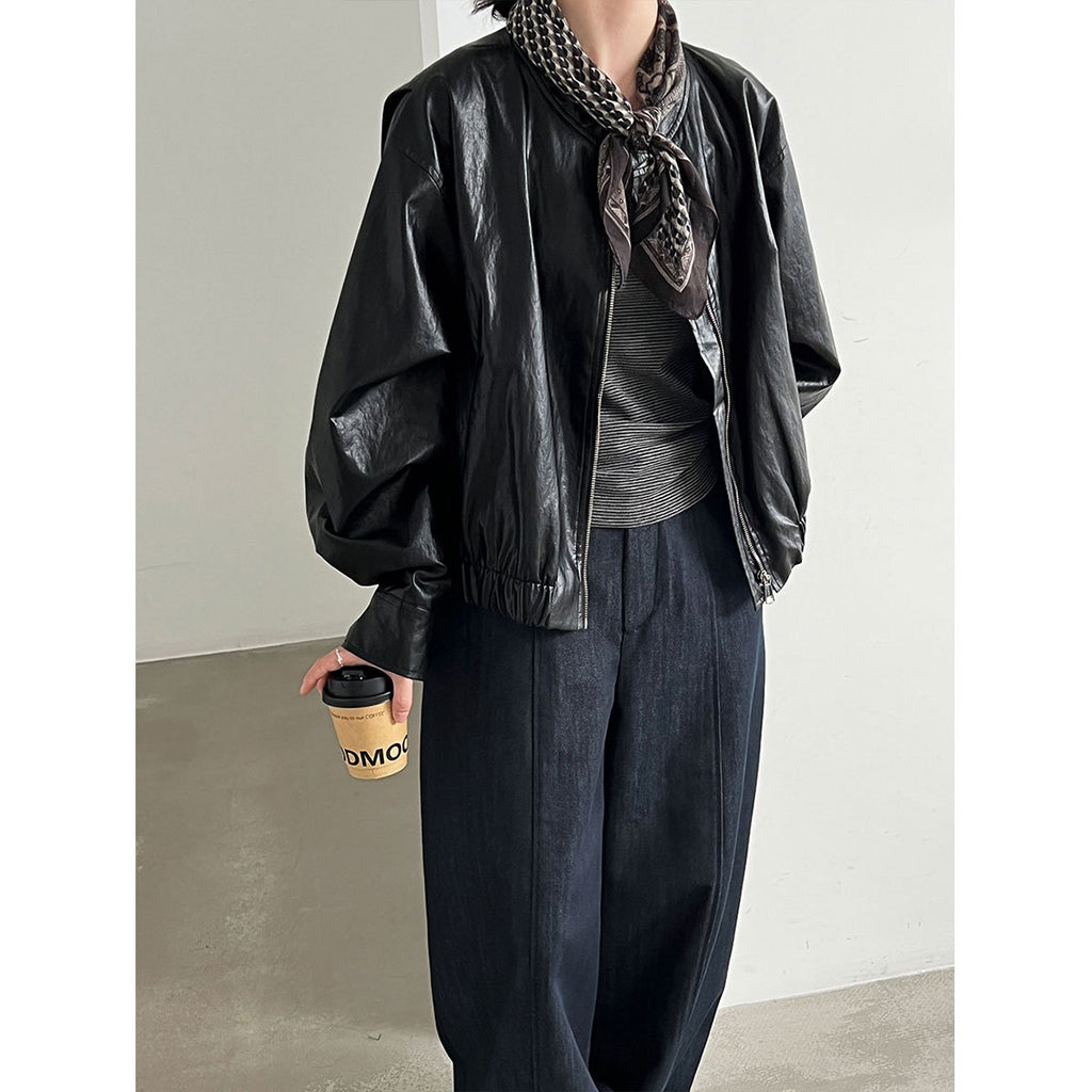 Retro PU Stand Collar Short Jacket for Women Motorcycle Trendy, Versatile Leather Coat