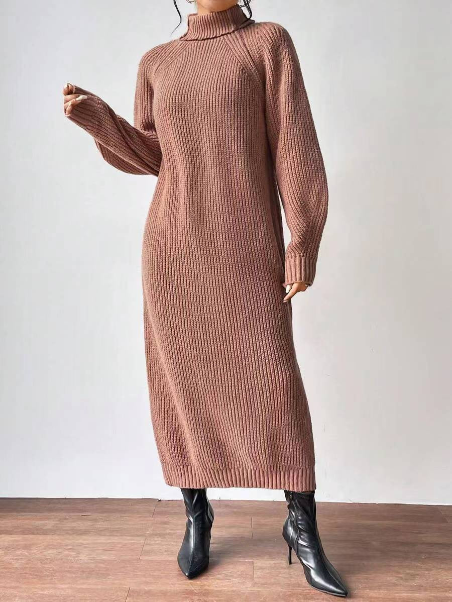 Fashionable Knit Dress for Women, Long Sleeve, High Neck, Crewneck, Solid Color, Long Length, Inner Layer Dress