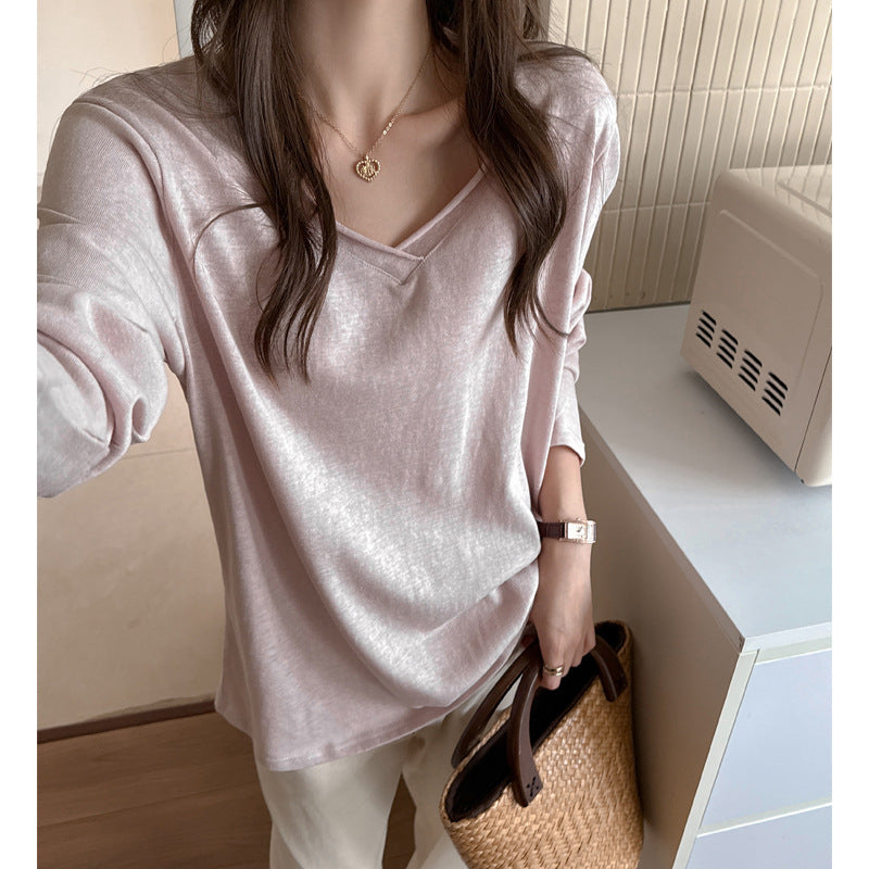 Relaxed long sleeve T-shirt for women, V-neck, snowflake cotton, inner wear or outer layer, straight shoulder, fashionable basic, loose fit, slimming top