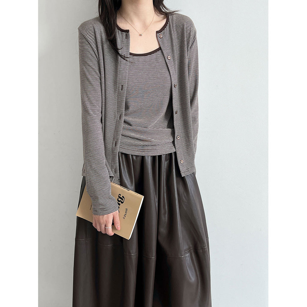 Striped Long Sleeve Cardigan + Matching Color Camisole Set for Women Slim-Fit Layered Two-Piece Outfit
