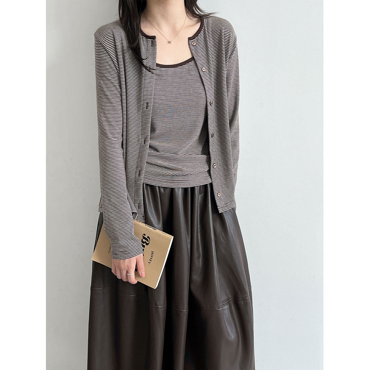 Striped Long Sleeve Cardigan + Matching Color Camisole Set for Women Slim-Fit Layered Two-Piece Outfit