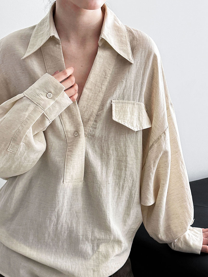 V-Neck Linen Shirt for Women, Long Sleeve, Autumn New Arrival, Elegant Blogger Loose Fit Design Blouse
