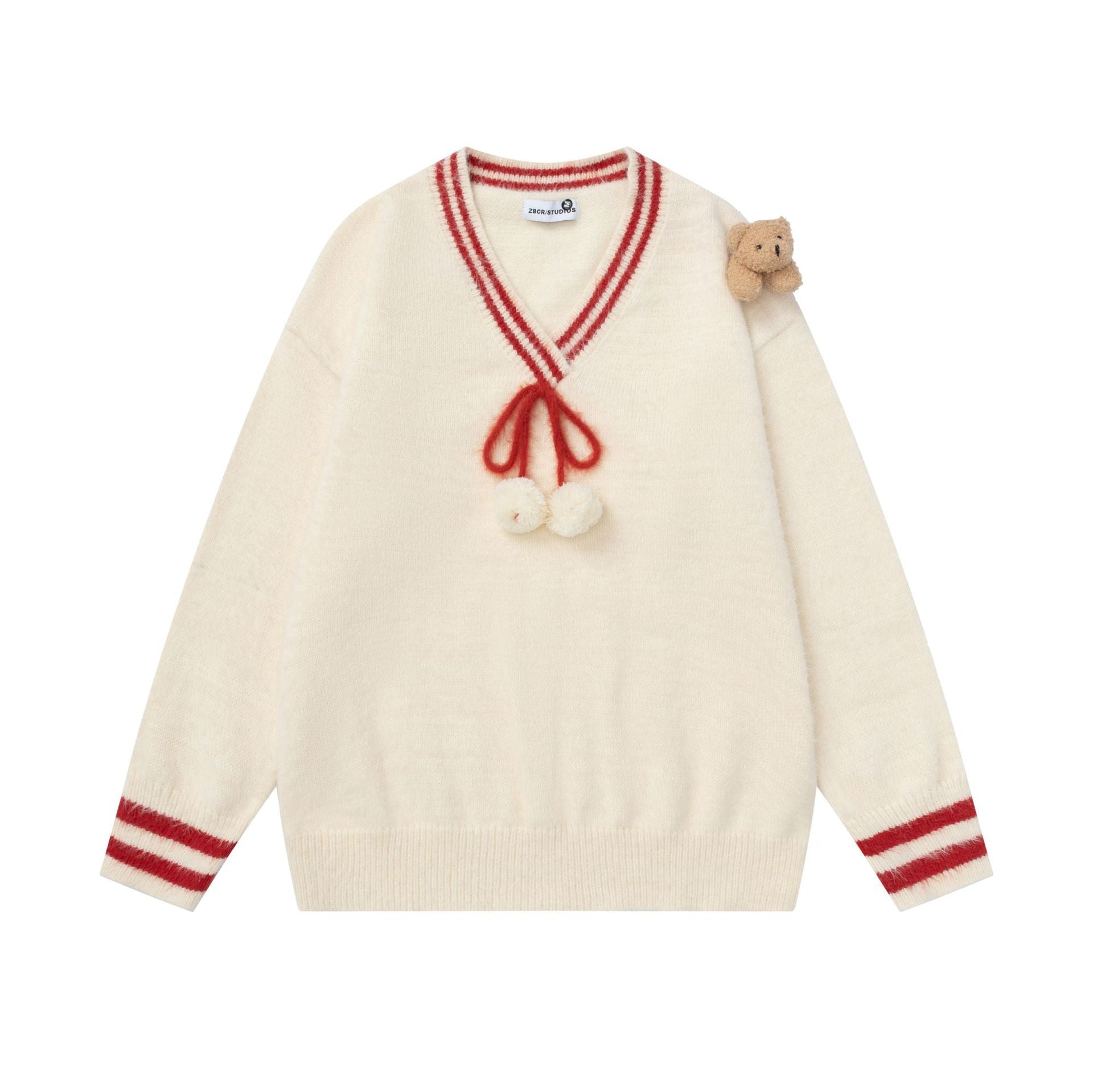 V-neck teddy bear pendant sweater