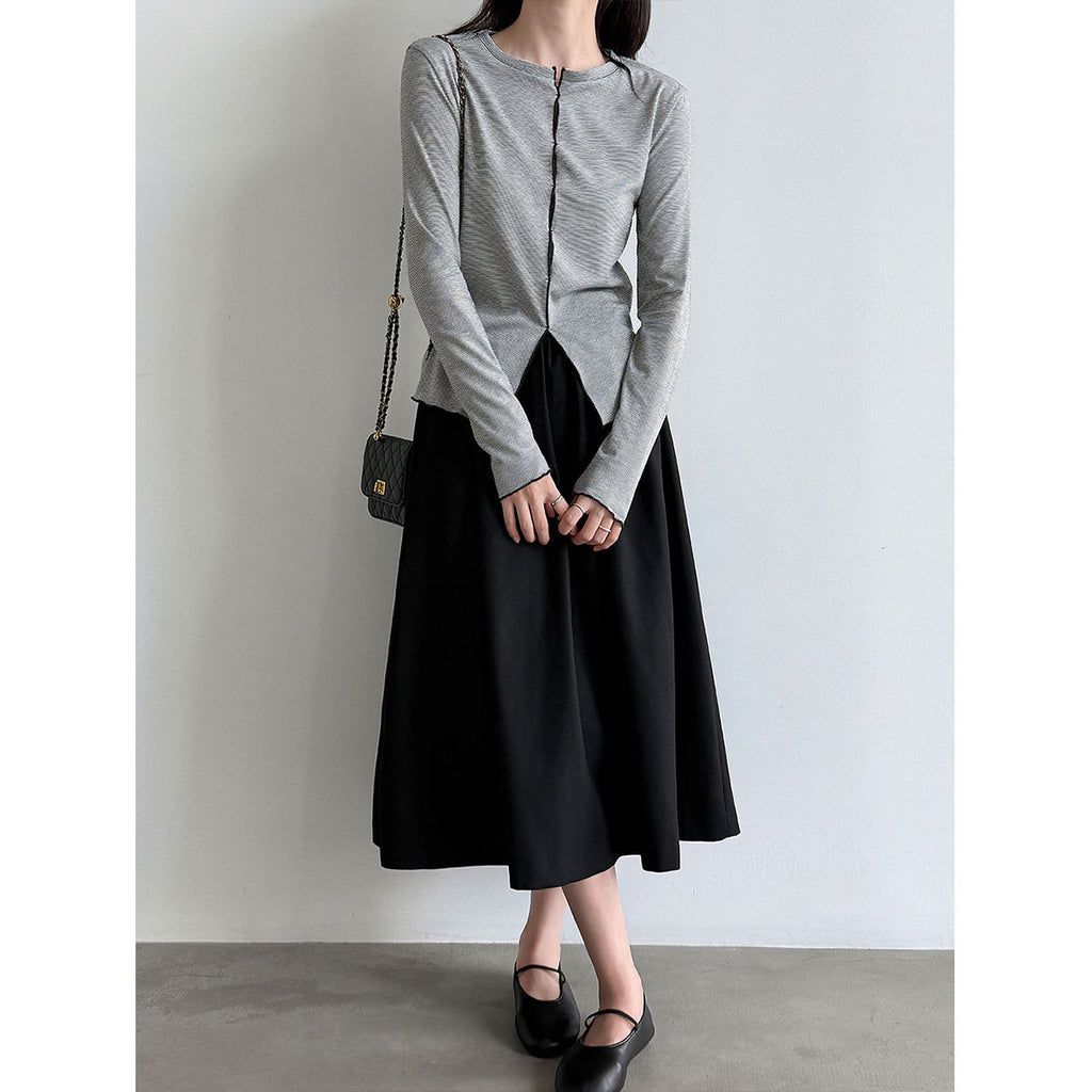 Color-Blocking Stripe Round Neck Long Sleeve Top for Women Hollow-Out T-Shirt Innerwear
