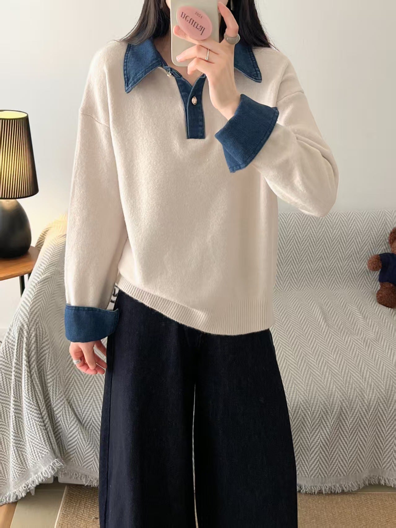 Color blocked denim patchwork polo collar long sleeved sweater for women