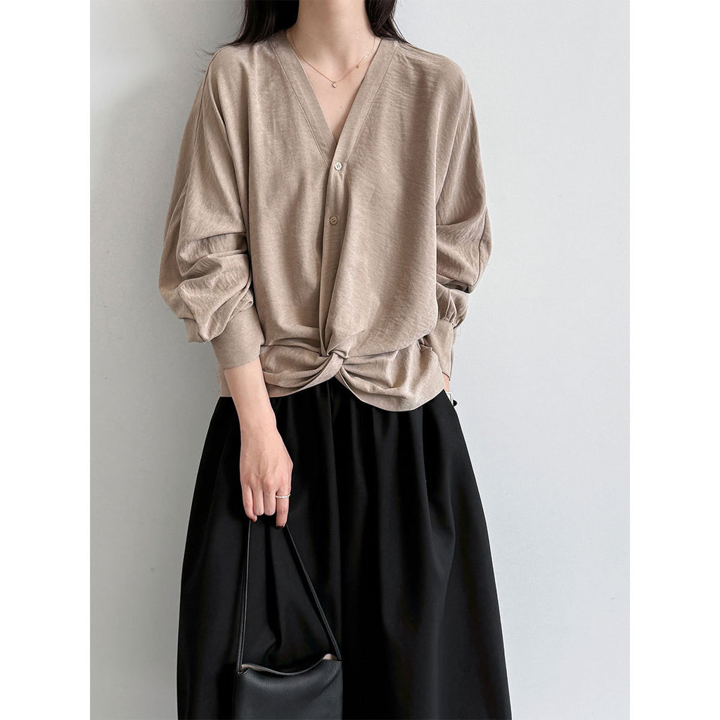 High-Perception V-Neck Pleated Knot Waist-Cinching Blouse for Women, Relaxed Commute Top