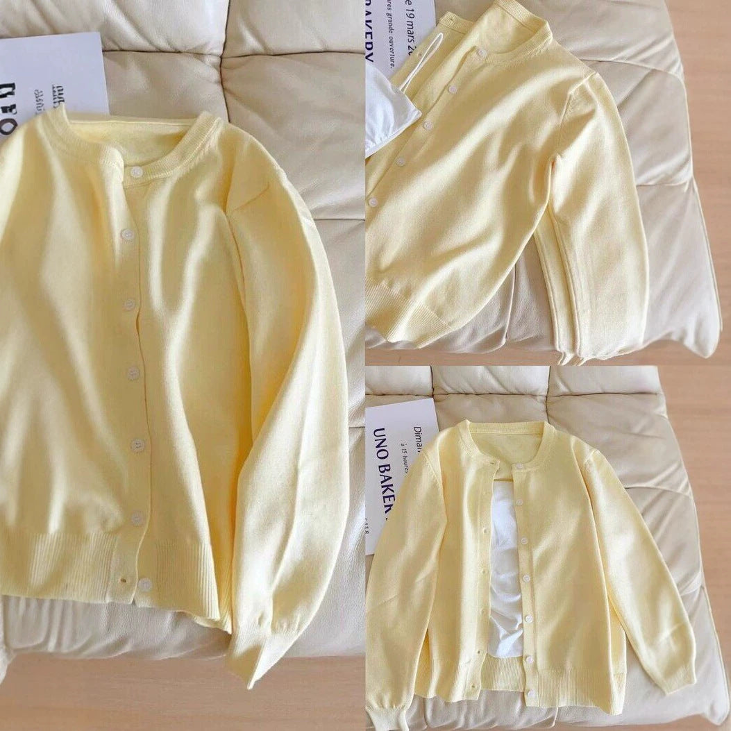 Soft Yellow Round Neck Long Sleeve Light Blue Knit Cardigan for Women Sweater Coat