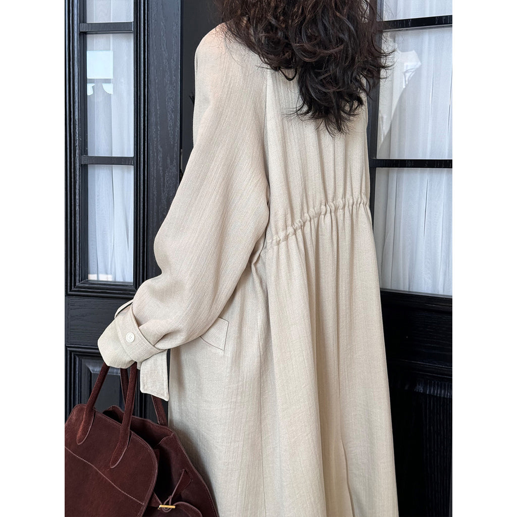 New Chinese Style Over-the-Knee Trench Coat for Women, Mid-Length, Drawstring Linen Cotton Outerwear