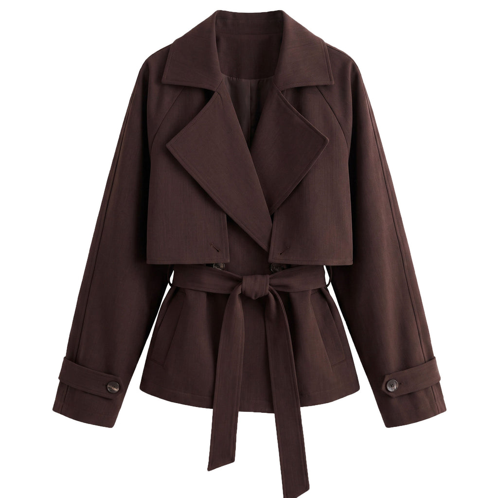 British Style Belted Waist Flip Collar Trench Coat for Women Short Outerwear with Elegant Chic Look