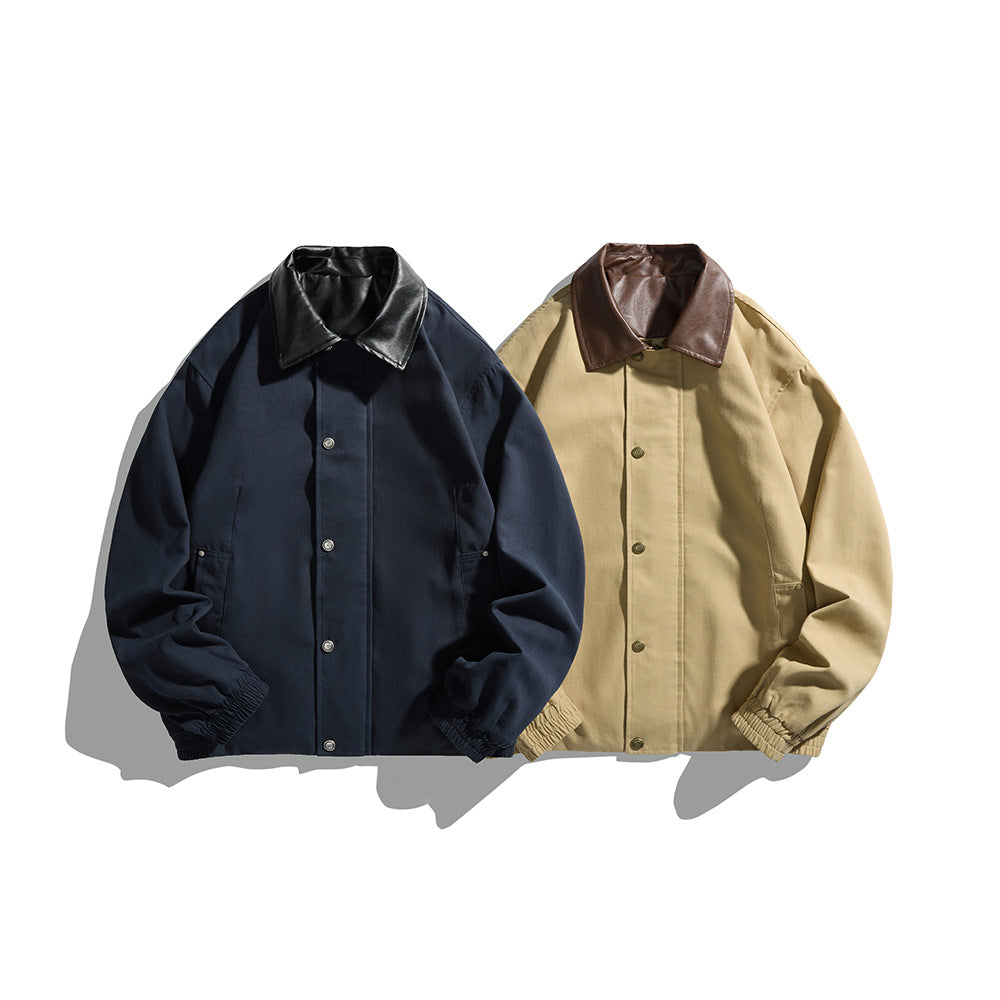 Melange PU Leather Lapel Jacket with Patchwork Workwear Button-Up Coat for Men