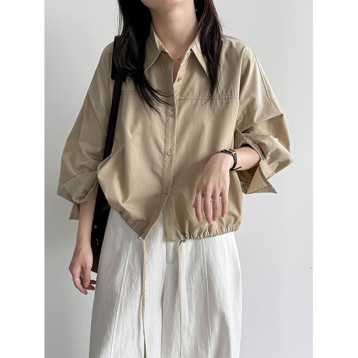 Drawstring Hem Loose Fit Shirt for Women, Casual Office Wear, Versatile Blouse Jacket
