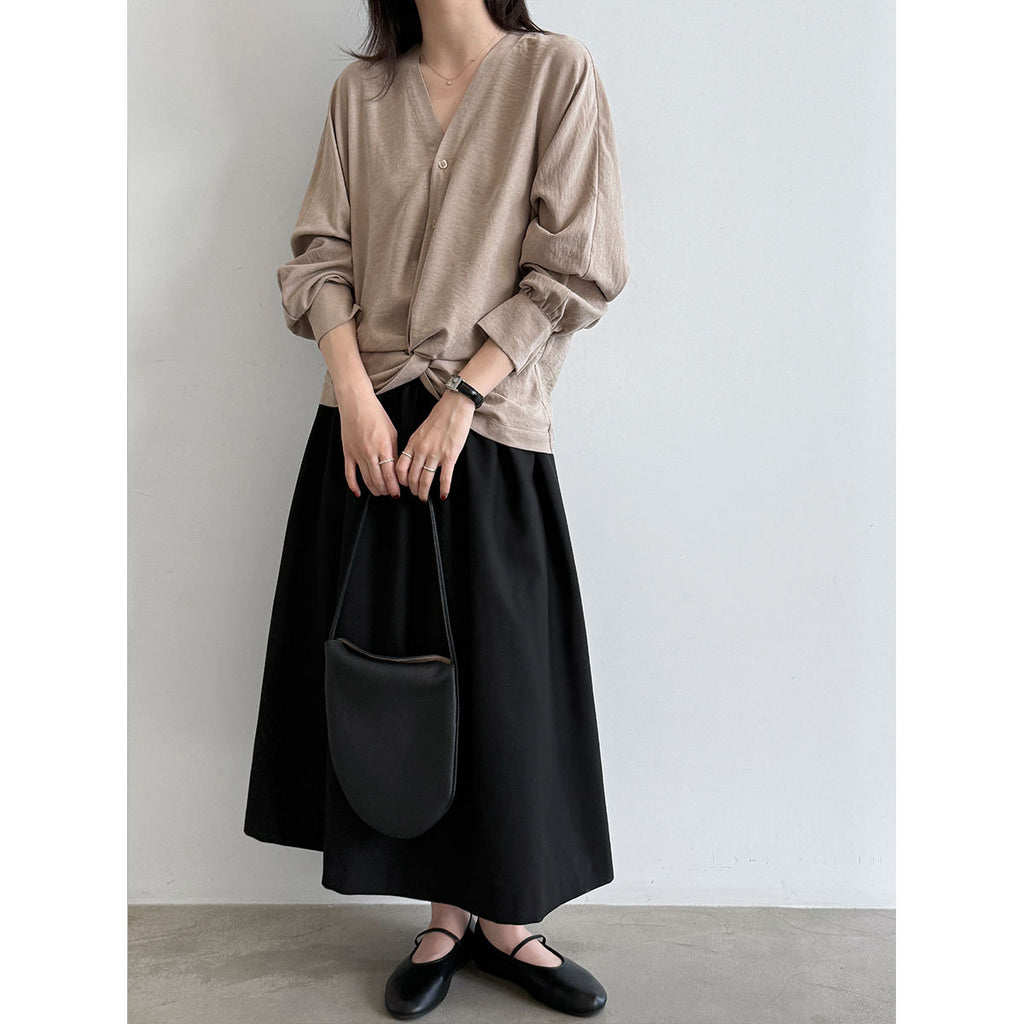 High-Perception V-Neck Pleated Knot Waist-Cinching Blouse for Women, Relaxed Commute Top