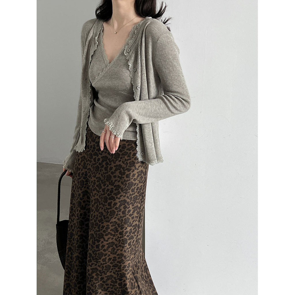 Lace Trim Knit Two-Piece Set for Women, V-Neck Crop Top + Elegant Fitted Cardigan