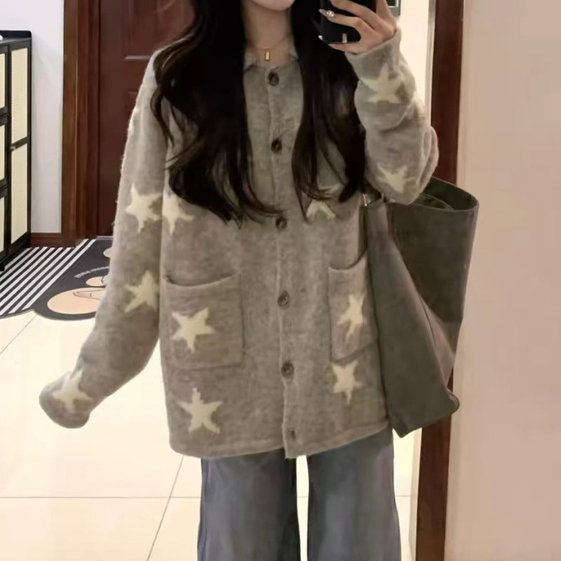 Knit Cardigan with Pocket for Women, Soft and Loose Sweater with Star Jacquard Pattern