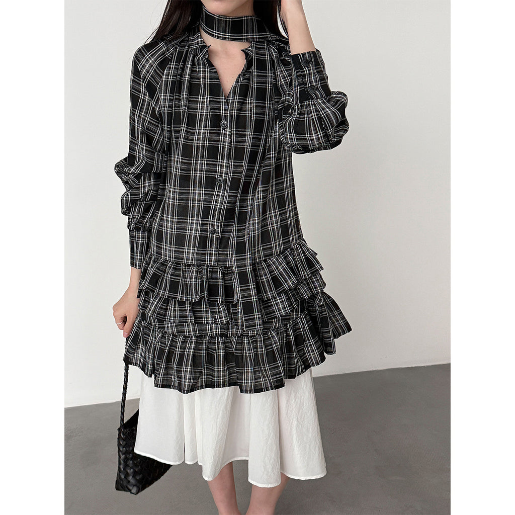 Plaid Ruffle V-Neck Tie Blouse for Women Spring Unique Design Layering Dress