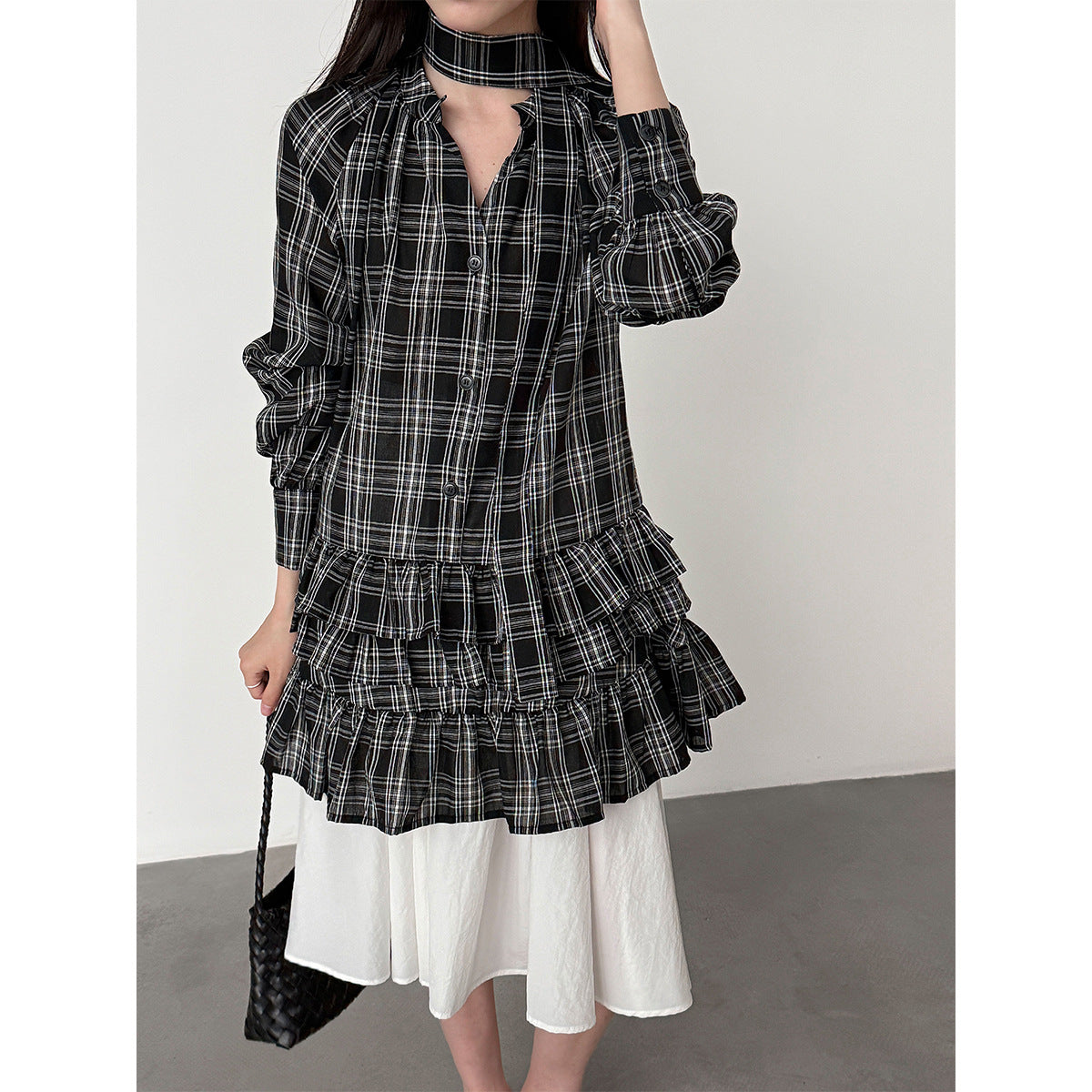 Plaid Ruffle V-Neck Tie Blouse for Women Spring Unique Design Layering Dress
