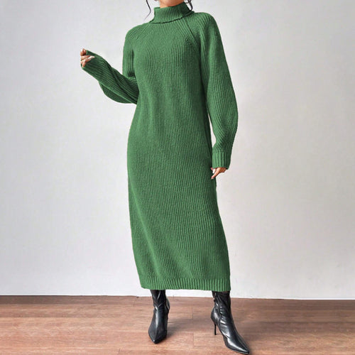 Women's Fashionable Knit Dress, Long Sleeve, High Neck, Crewneck, Solid Color, Maxi Length, Inner Layer Dress