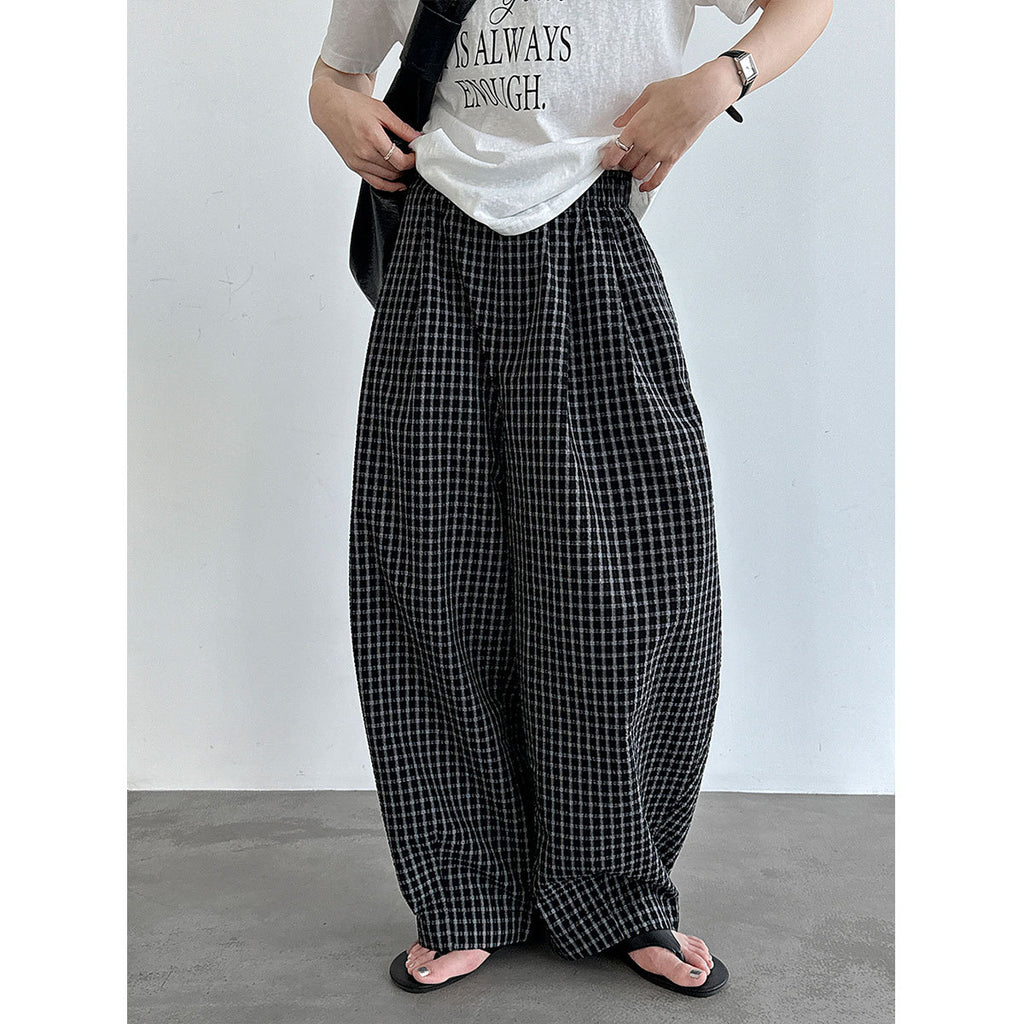 Retro Color-Blocked Checkered Balloon Pants for Women, High Waist Loose Casual Wide Leg Pants