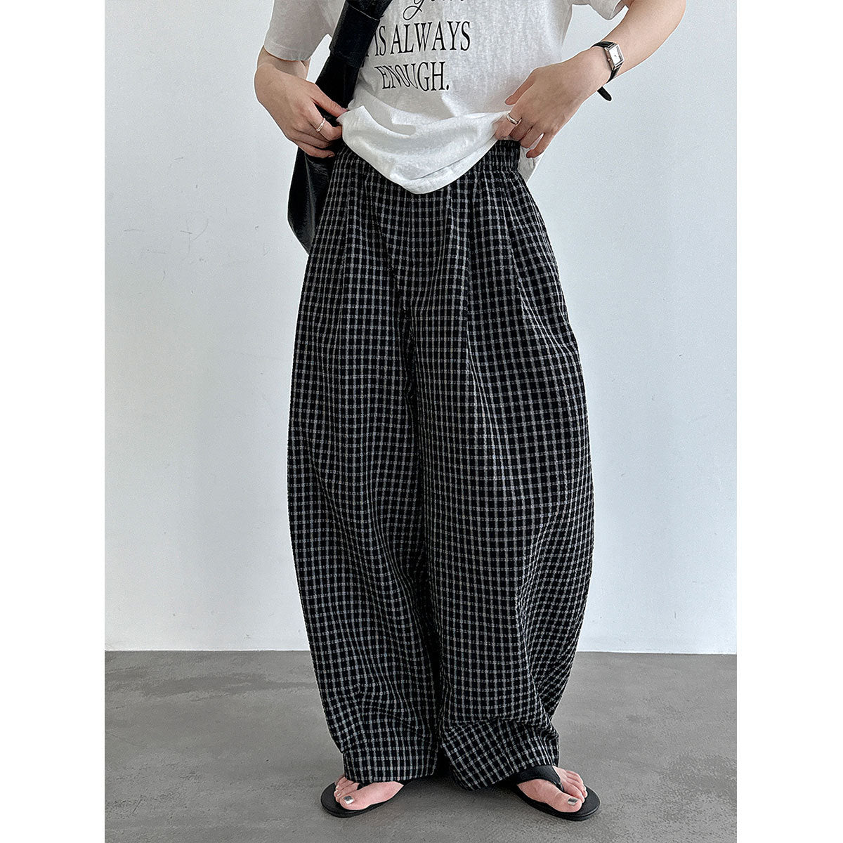 Retro Color-Blocked Checkered Balloon Pants for Women, High Waist Loose Casual Wide Leg Pants
