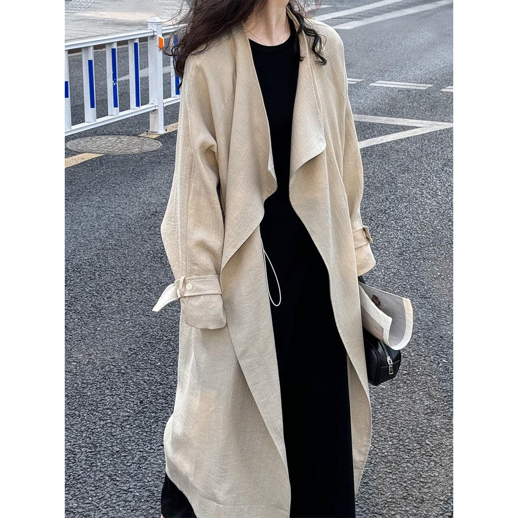 New Chinese Style Over-the-Knee Trench Coat for Women, Mid-Length, Drawstring Linen Cotton Outerwear