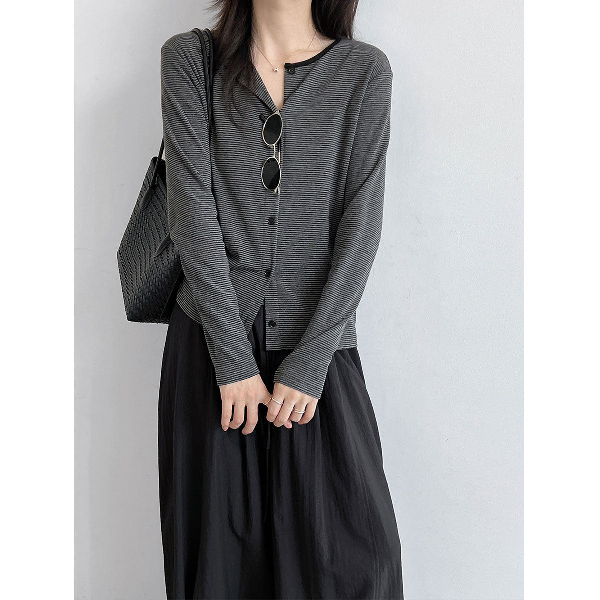 Striped Long Sleeve Cardigan + Matching Color Camisole Set for Women Slim-Fit Layered Two-Piece Outfit