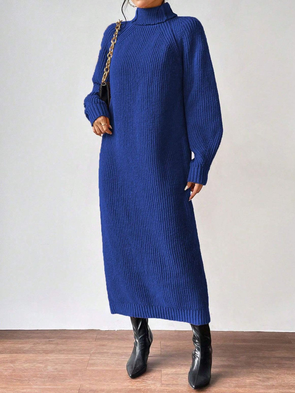 Fashionable Knit Dress for Women, Long Sleeve, High Neck, Crewneck, Solid Color, Long Length, Inner Layer Dress